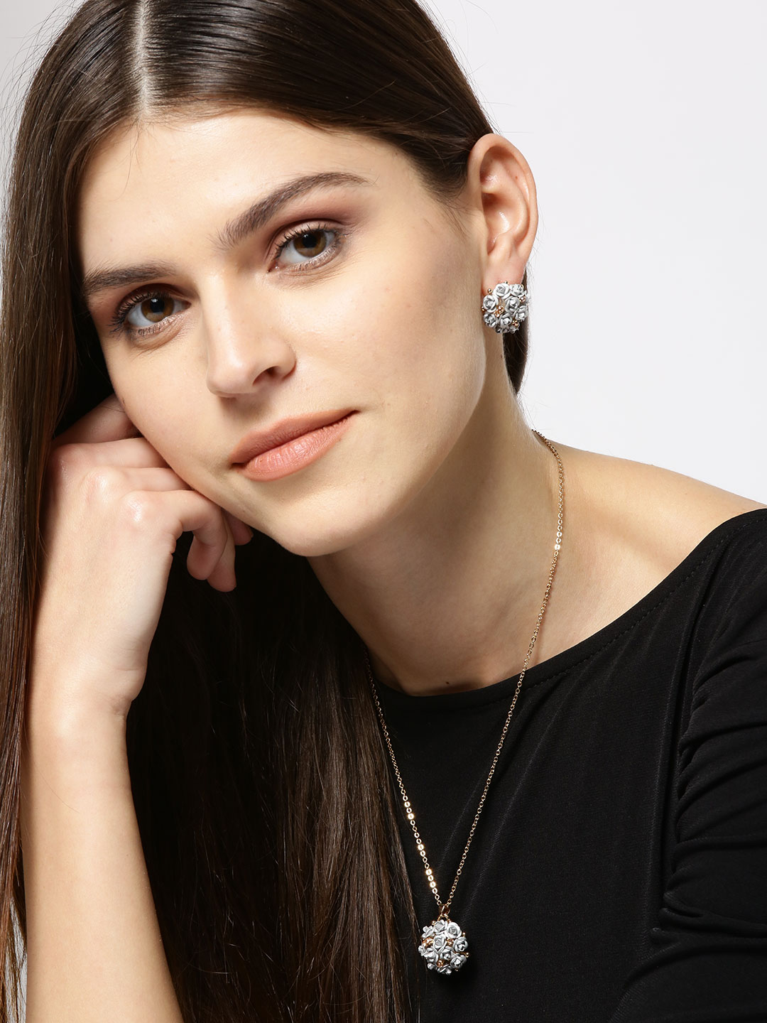 YouBella Grey Gold-Plated Stone-Studded Floral Jewellery Set